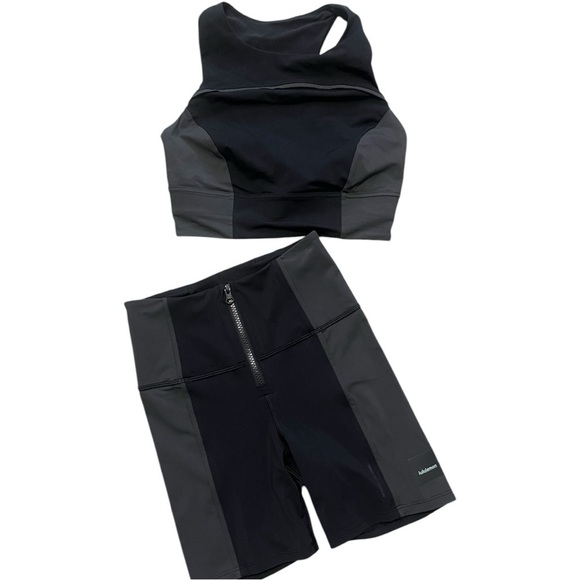 Lululemon Black Graphite Hike To Swim Biker Shorts & Sports Bra Set Size 2 - Picture 1 of 5